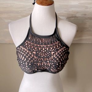 Xhilaration dark gray/peach laser cut halter bikini top